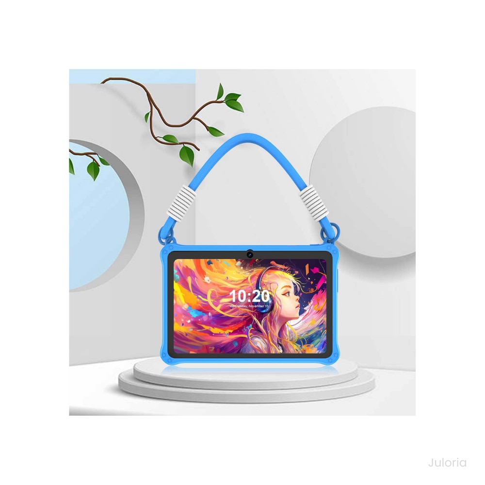 Tableta copii 7” cu husa rezistenta la socuri, Control Parental, camera fata/spate, Android, snur transport – Albastru