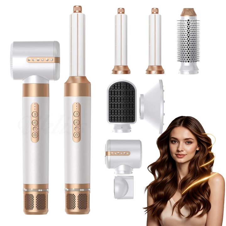 Комплект сешоар 7 в 1, Bedee, 1400W, отрицателни йони, 3 скорости, 3 температурни нива, със 7 приставки, 30 мм автоматична маша за коса, Дифузер, Четка за изправяне, Бял/Златист