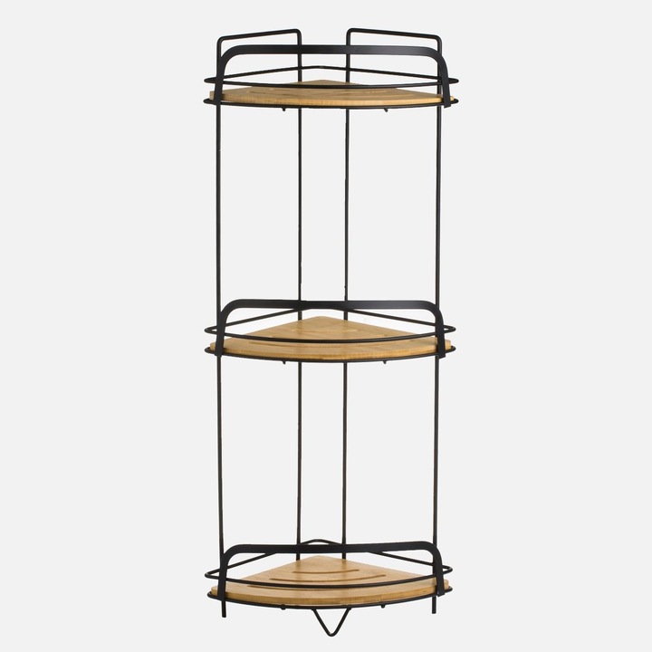 Etajeră baie colț Welora, 3 rafturi, bambus și metal negru, 27x20x63cm
