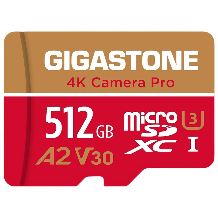Card memorie microSDXC Gigastone, 512GB, UHS-I, U3 V30, A2, adaptor inclus