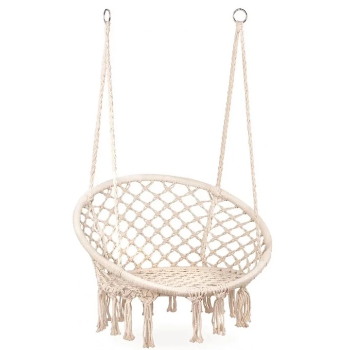 Scaun rotund tip leagan suspendat pentru casa sau gradina, cu franjuri, 150kg, crem