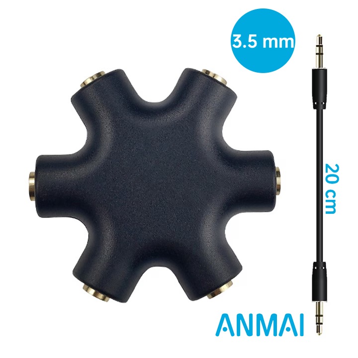 Anmai 3.5mm Audio Jack elosztó, 1 bemenet - 5 kimenet, Multiport Fejhallgató Hub, 20cm adapter kábel mellékelve, Fekete