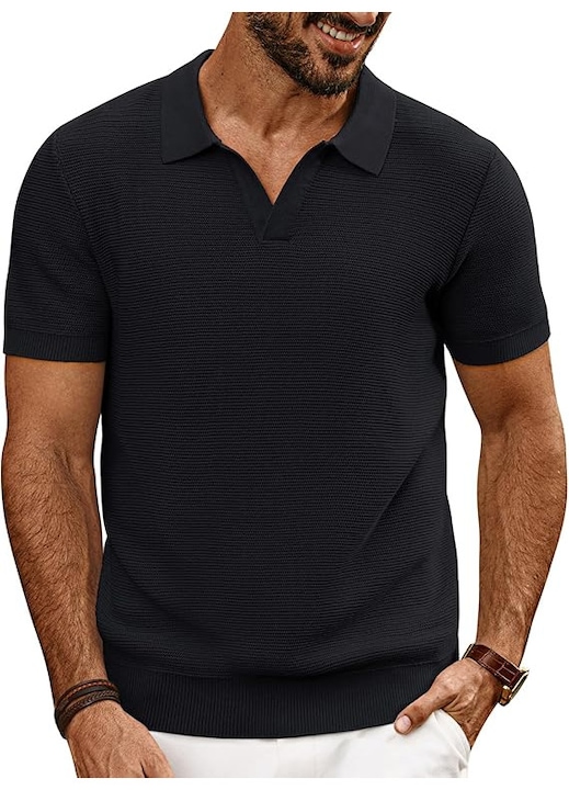 Tricou polo tricotat pentru barbati, cu decolteu in V fara nasturi – Stil modern de vara, material respirabil si confort premium, Negru, Marimea 2XL