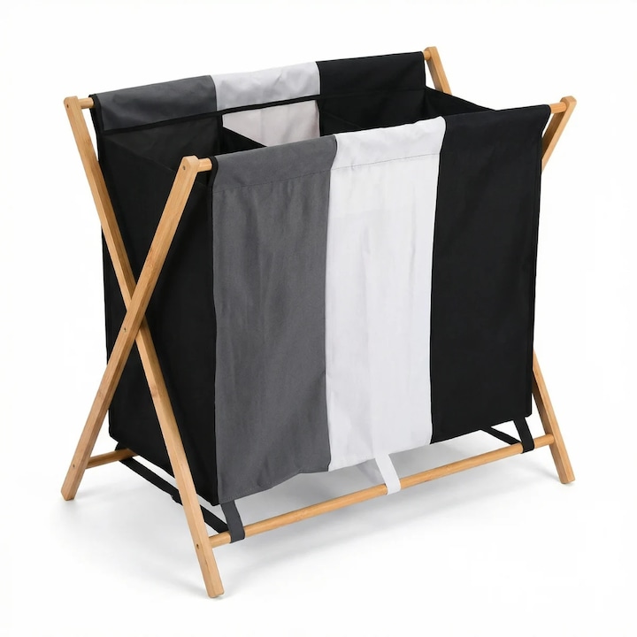 Cos Rufe Hasepe® Triplu Cu Cadru Bambus 72.5x40x74 Cm, Cos Rufe Cu 3 Compartimente Pentru Sortare Haine, Cos Rufe Pliabil Cu Material Rezistent Tricolor, Organizare Eficienta Pentru Baie Sau Dormitor, Design Modern Si Stabil Pentru Economisire Spatiu