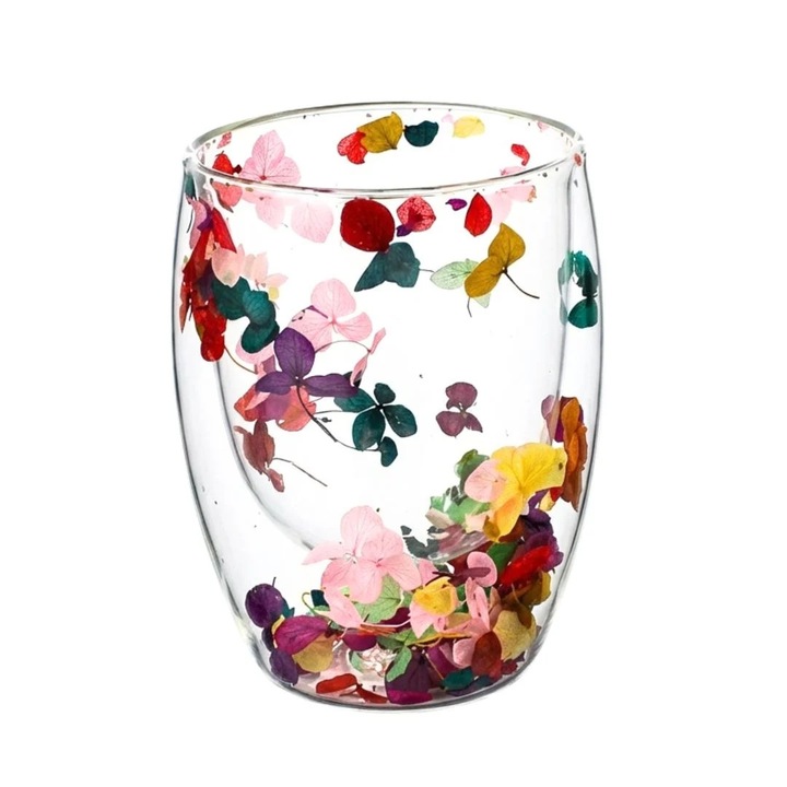 Pahar cu flori uscate Aurora Bloom, 300 ml, pereti dubli, sticla borosilicata, multicolor