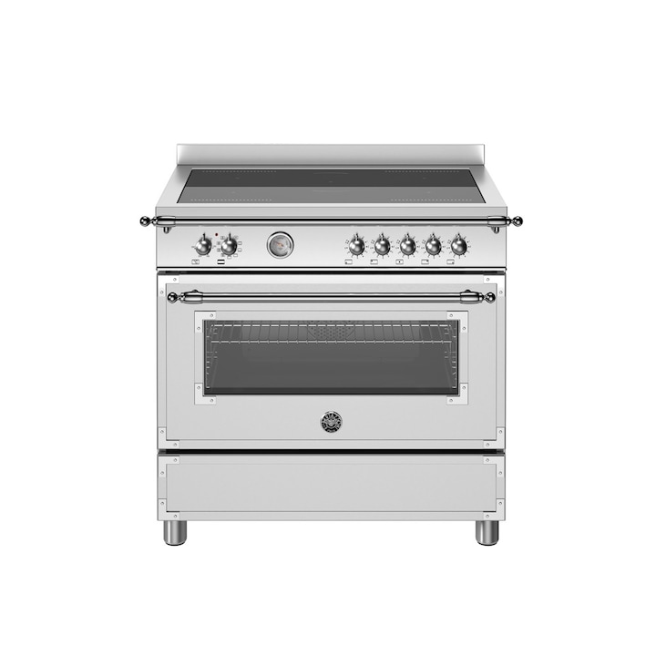 Aragaz cu plita pe inductie Bertazzoni, colectie Heritage, latime 90 cm, 5 zone, cuptor electric 103 l, temperatura reglabila max. 250°C, 11 functii de gatit, convectie, iluminare interioara, termometru integrat, sticla triplustratificata, inox