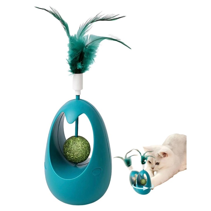 Jucărie interactivă pentru pisici, rotire 360, cu pene, verde
