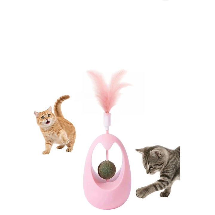 Jucărie interactivă pentru pisici, rotire 360, cu pene, roz, dimensiuni compacte