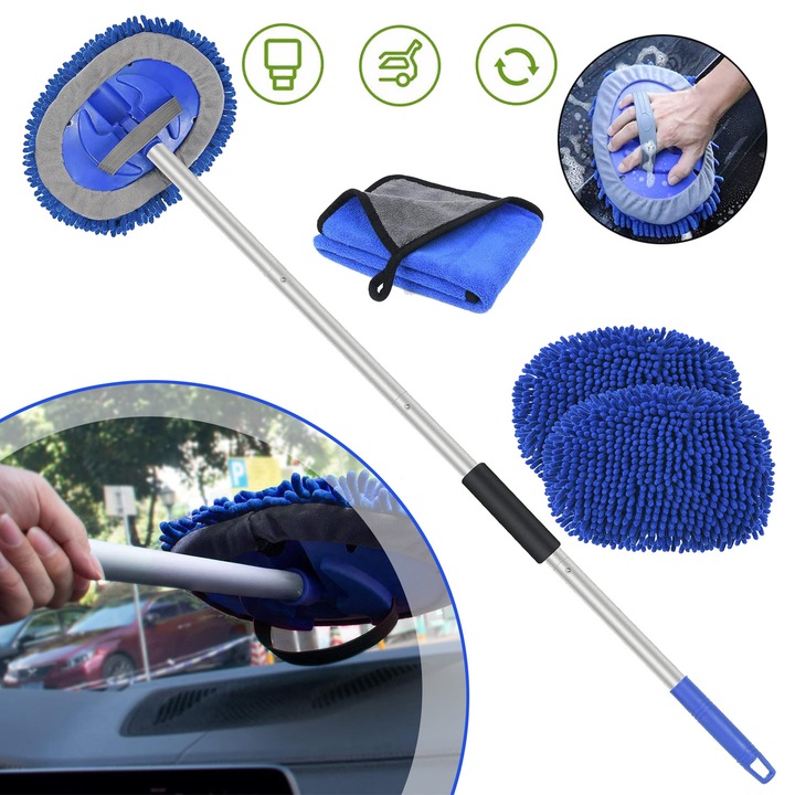 Perie de Spalare Auto CHOOLY, 160cm, Albastru, 2 in 1 cu Manusa Detasabila, Microfibra