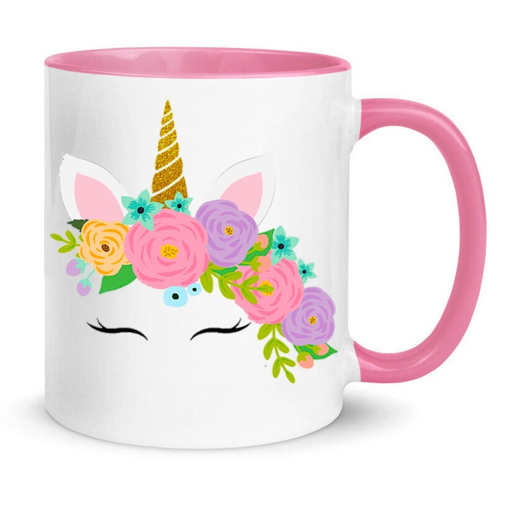 Cana ceramica 330ml, design unicorni, alb si roz, capacitate mare, set de cani