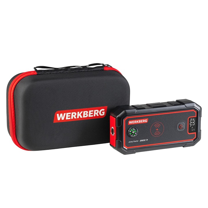 Dispozitiv de pornire si powerbank WERKBERG AL005, 23800 mAh, 2500A, incarcare wireless Qi, 2x USB-A, USB-C, iesire DC 12-16V, lanterna LED, display LCD, set complet cu cabluri