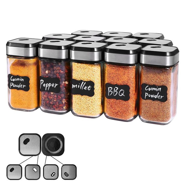 Set 12 recipiente condimente sticlă NEXTLY, etanșare solidă, capace cu orificii reglabile, transparent-gri, 10x4.5cm