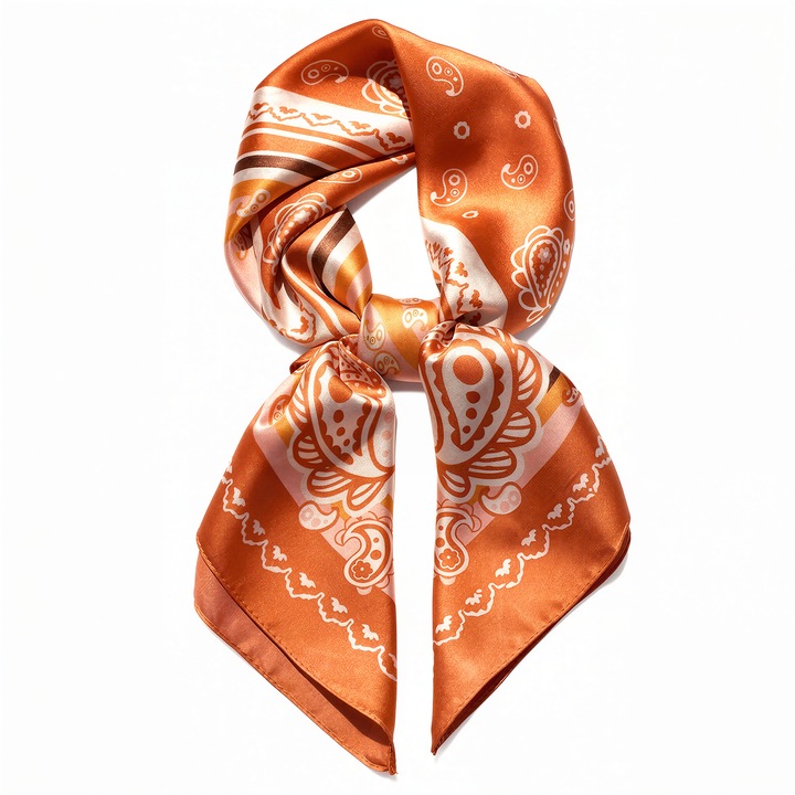 Шал 70x70 см от полиестер, с десен пейсли в оранжеви нюанси, луксозен ретро стил, универсален аксесоар за всяко облекло