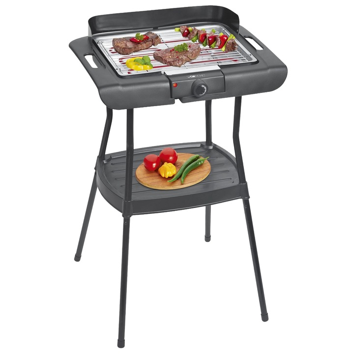 Gratar electric Clatronic 2in1 cu picioare, potrivit interior/exterior, termostat reglabil, 5 trepte de putere, carcasa Cool Touch, tava de scurgere a grasimilor, incalzire rapida, fara fum/miros in exces, piese detasabile, curatare usoara, 2000 W, negru