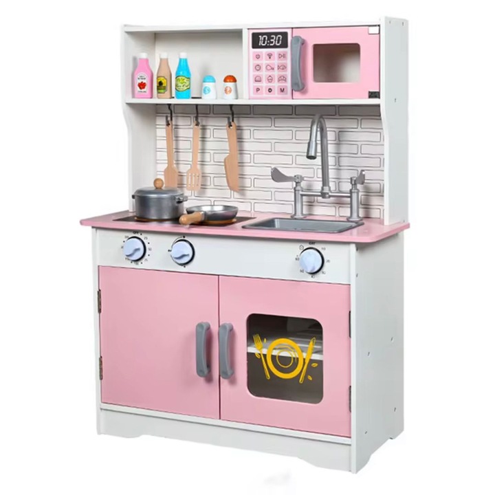 Bucătărie joc din lemn Denn, set joacă roz, chiuvetă, plită, 59, 5x26x78cm, 3+ ani