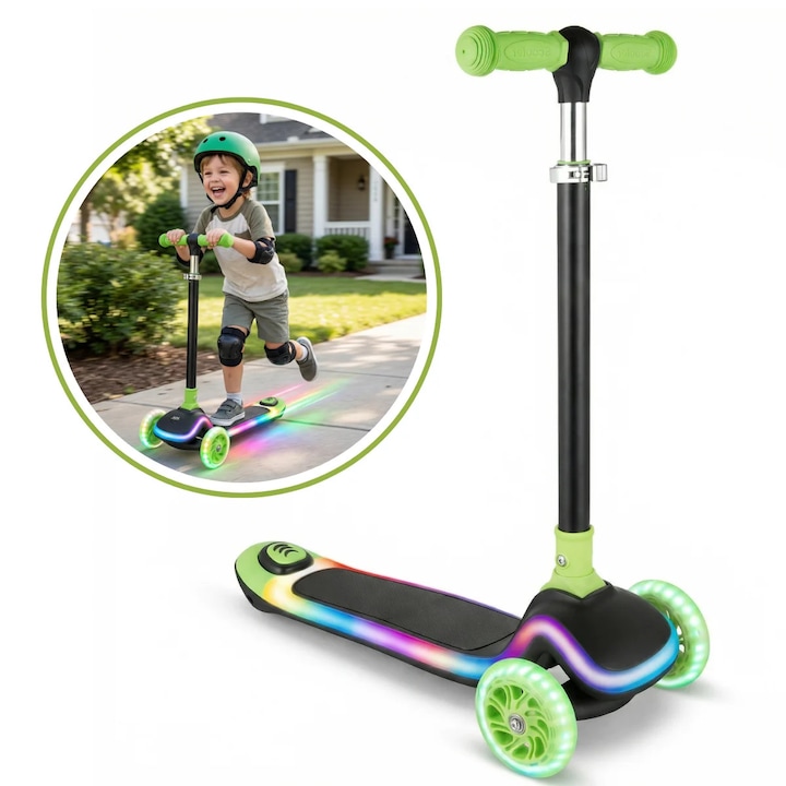 Trotineta Copii Hasepe® Cu 3 Roti Si LED In Roti, Trotineta Copii Cu Inaltime 80 Cm Si Ghidon Stabil, Trotineta Copii Pentru Echilibru Si Control Sporit, Design Ergonomic Usor De Folosit Pentru Joaca In Aer Liber, Structura Rezistenta, Culoare Verde