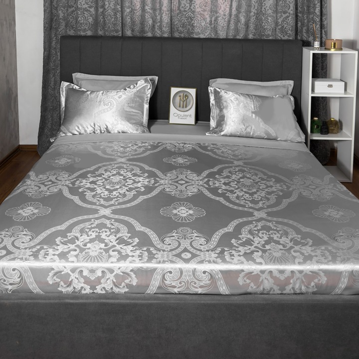 Lenjerie de pat din satin, model RoyalGrey, gri, 6 piese, set complet, material fin, confort premium