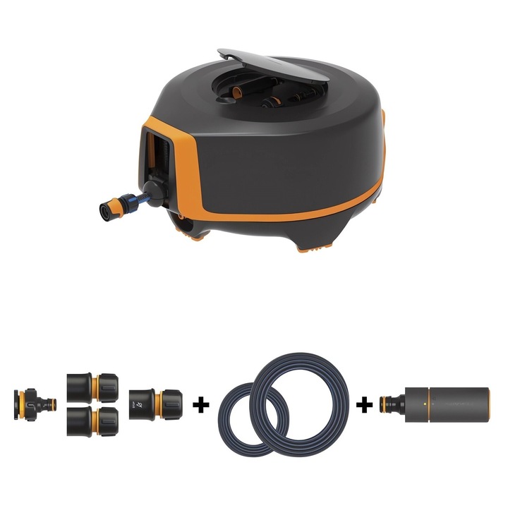 Tambur Furtun gradinarit Fiskars, beben automat XL, 20m, 360° rotire, accesorii incluse