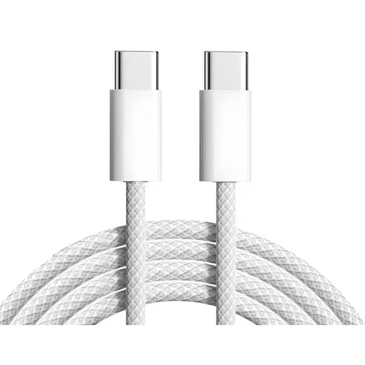 USB-C – USB-C kábel ÚJ PD100W, adatátvitel és gyorstöltés – SuperFastCharge, iPhone 15/16/17, Plus, Pro & ProMax, Samsung, táblagép, túlfeszültség-védelemmel, CarPlay kompatibilis, PRÉMIUM TEXTIL, Type C, 1m, fehér