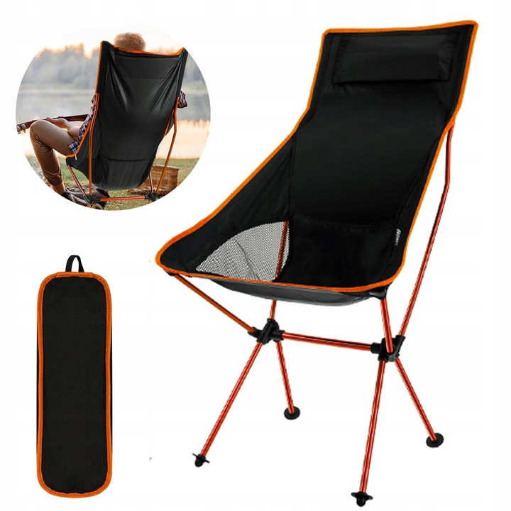 Scaun Camping Pliabil, Spatar Inalt, Usor si Portabil, cu Geanta de Transport, Oxford 900D, Tub din aliaj de aluminiu - pentru Drumetii, Pescuit, Picnic si Calatorii - Portocaliu Negru - capacitate 150kg