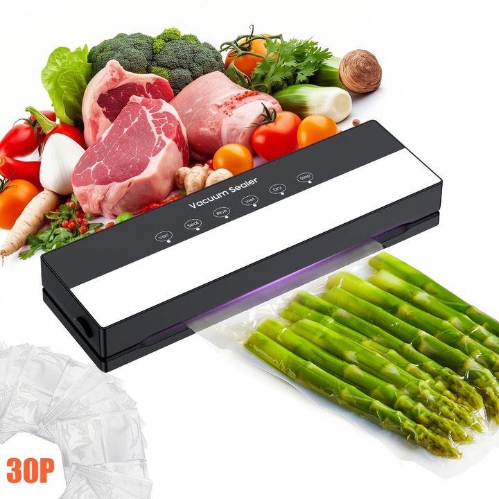 Aparat de sigilare in vid, aparat compact de sigilare alimentara rapid 5 in 1, cu afisaj inteligent, 30 de pungi de vid si taiator integrat (negru)
