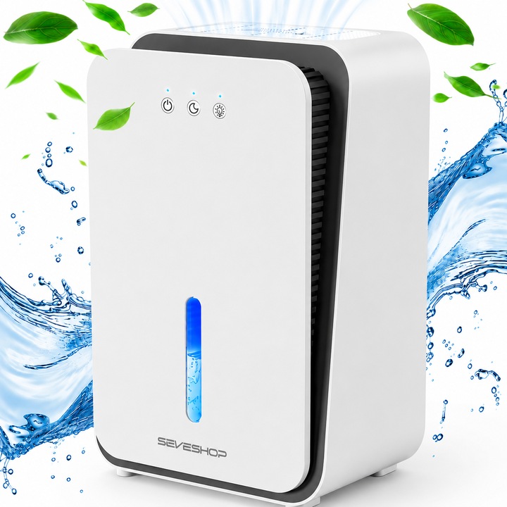 Dezumidificator SeveShop® Portabil 2.5 L Pentru Camera, Dezumidificator Aer Cu Aromaterapie, 2 Moduri High Sleep, Ultra Silent Sub 45 dB, 7 Culori LED, Oprire Automata La Umplere, Furtun Drenaj, 10 Mp, Design Compact Cu Maner, Dormitor, Baie, Birou