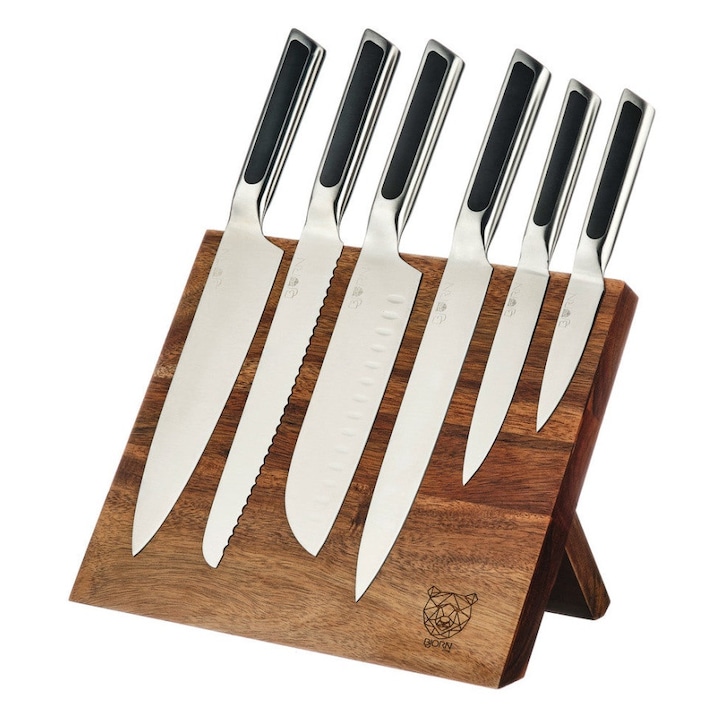 Suport pentru cutite VANTAA + Set 6 Cutite de bucatarie LOKI, lama inox satinat cu maner ABS negru mat