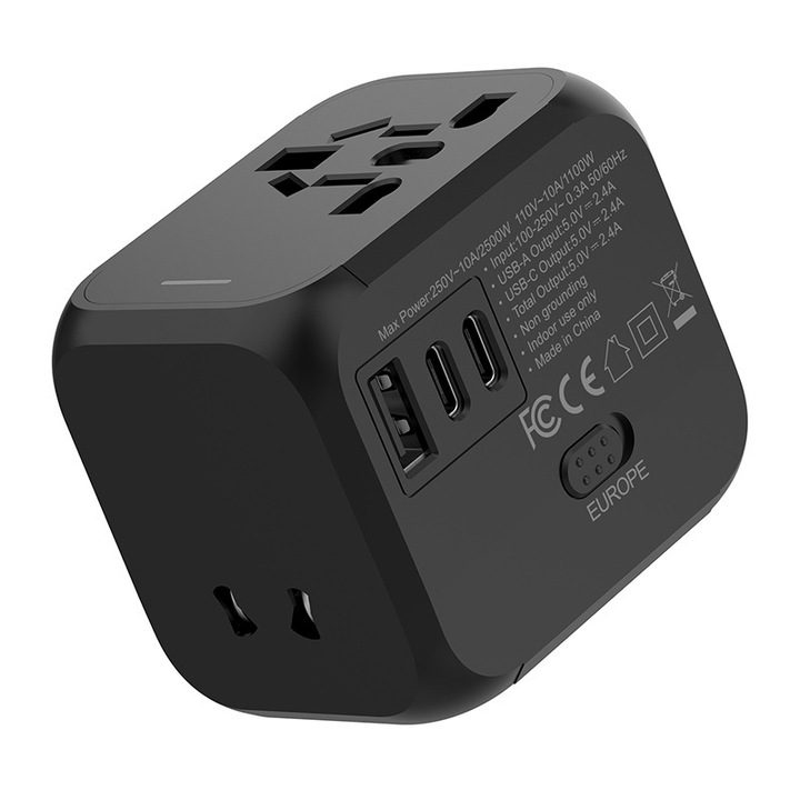Priza multifunctionala, 2xTYPE-C, 1xUSB, 2500W High Power, Tensiune de intrare: AC 100-250V, 50/60Hz, Tensiune de iesire: DC 5V 2.4A, Protectie de siguranta multipla, Portabil, Negru
