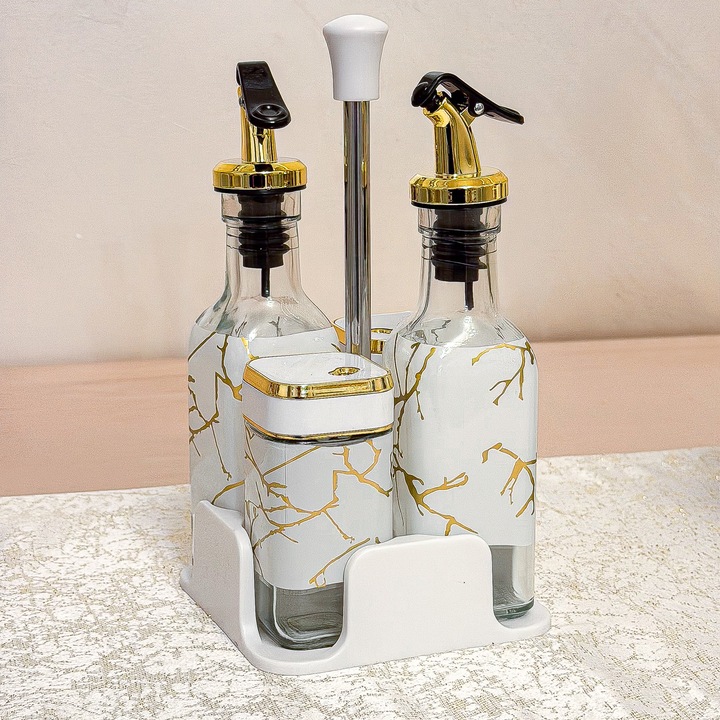 Set oliviera din sticla 4 piese pentru ulei, otet, sare si piper, model marmurat alb, suport premium