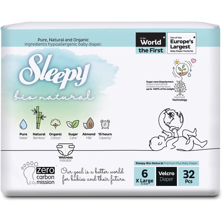 Set 2 x 32 Scutece pentru Bebelusi Sleepy Bio Natural Double- Nr 6, XL, 15-25 kg