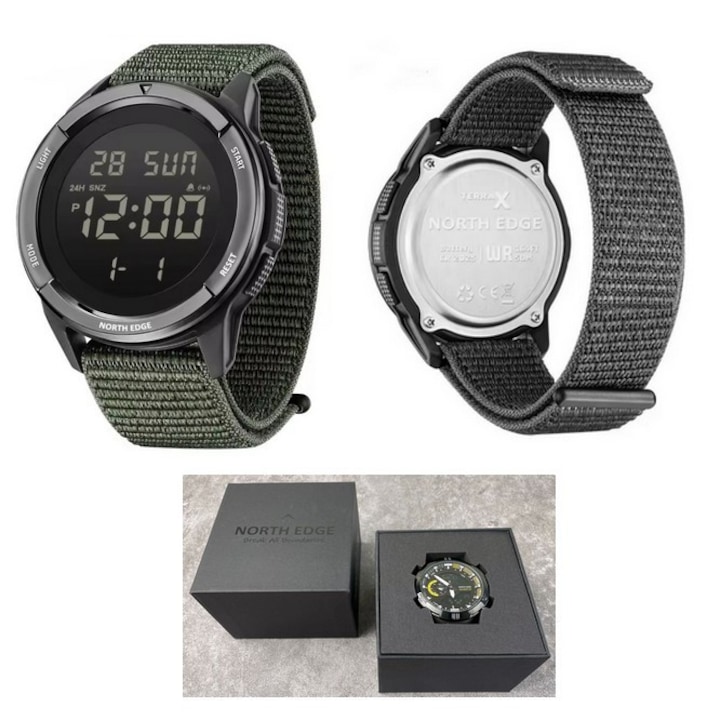 Ceas digital militar NORTH EDGE Terrax, curea nato verde, impermeabil 50m, cronometru, dual time