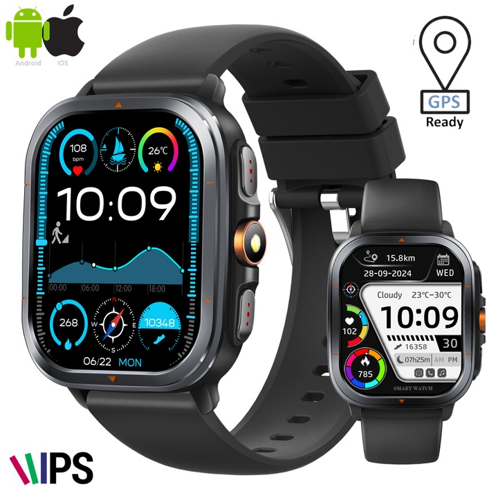 Zenark T500 S okosóra, beépített GPS, HD IPS képernyő, 450 mAh akkumulátor, ütésálló, 1 ATM vízálló, zseblámpa, SOS, iránytű, magasságmérő, barométer, pulzusmérő funkció, alvás, SpO2 véroxigén, stressz, légzés, 150+ sportmód, fekete