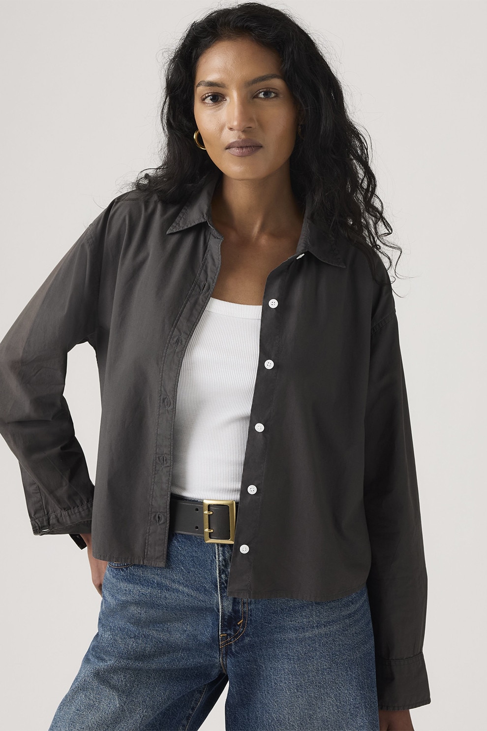 Levi's, Camasa crop din bumbac, Gri inchis, M