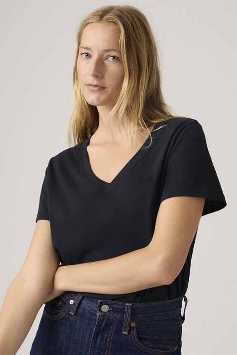 Levi's, V-nyakú logós póló, Fekete