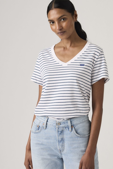 Levi's, V-nyakú logós póló, Fehér/Kék