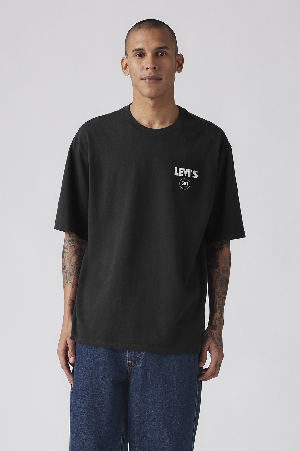 Levi's, Tricou din bumbac cu imprimeu grafic pe partea din spate, Negru, Alb optic, L