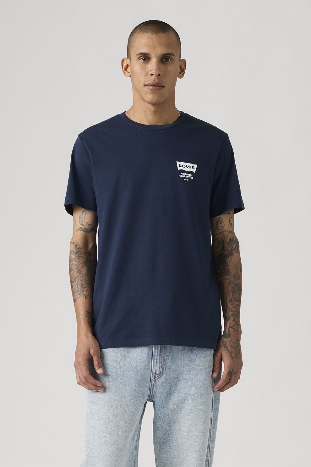 Levi's, Tricou din bumbac cu decolteu la baza gatului si logo, Alb, Albastru pastel, XL