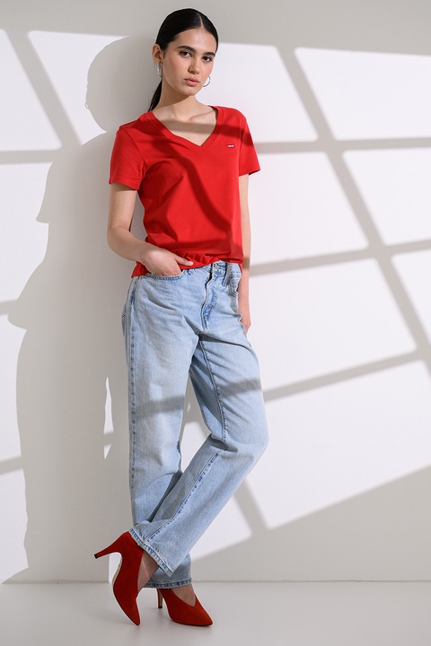 Levi's, V-nyakú logós pamutpóló, Piros/Sötétpiros