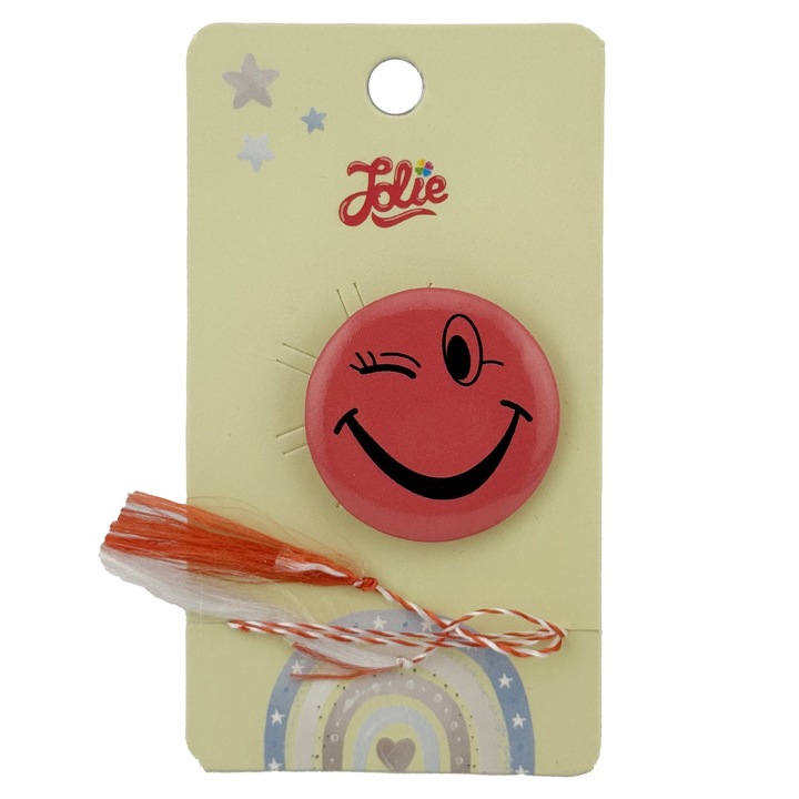 Martisor cu Brosa pentru copii, Jolie, Material Metal, Ambalaj Carton cu Design, Model Zambet de Fata, Rosu