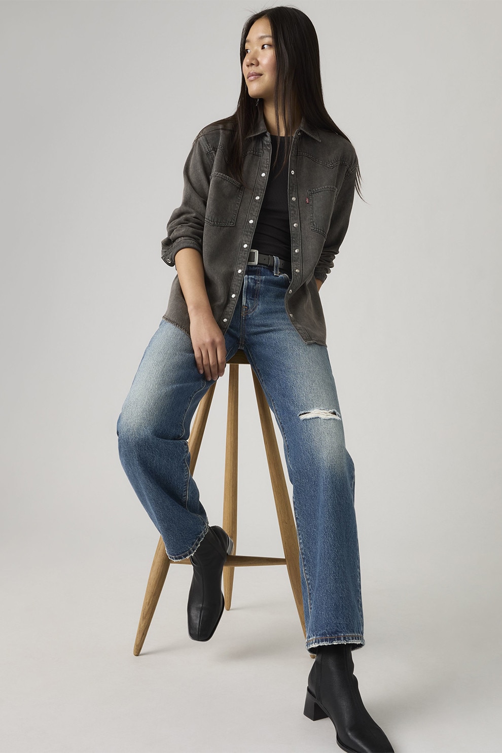 Levi's, Camasa lejera din denim Teodora, Gri inchis, XS