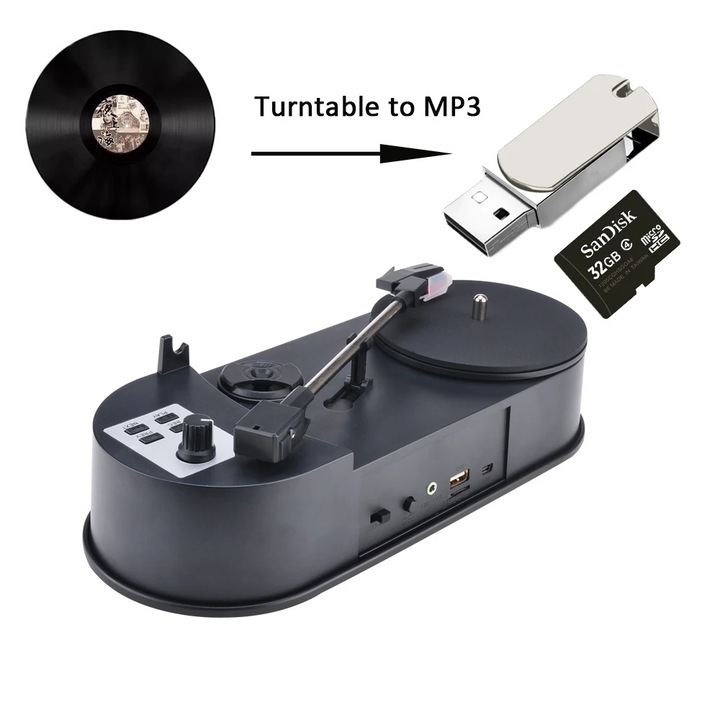Pick-up Stereo, MOSMAOO®, Difuzoare Integrate, Turntable Vintage Portabil, Convertiti Inregistrarile in Format MP3, 33 / 45 RPM, Suporta Card TF/Interfata USB