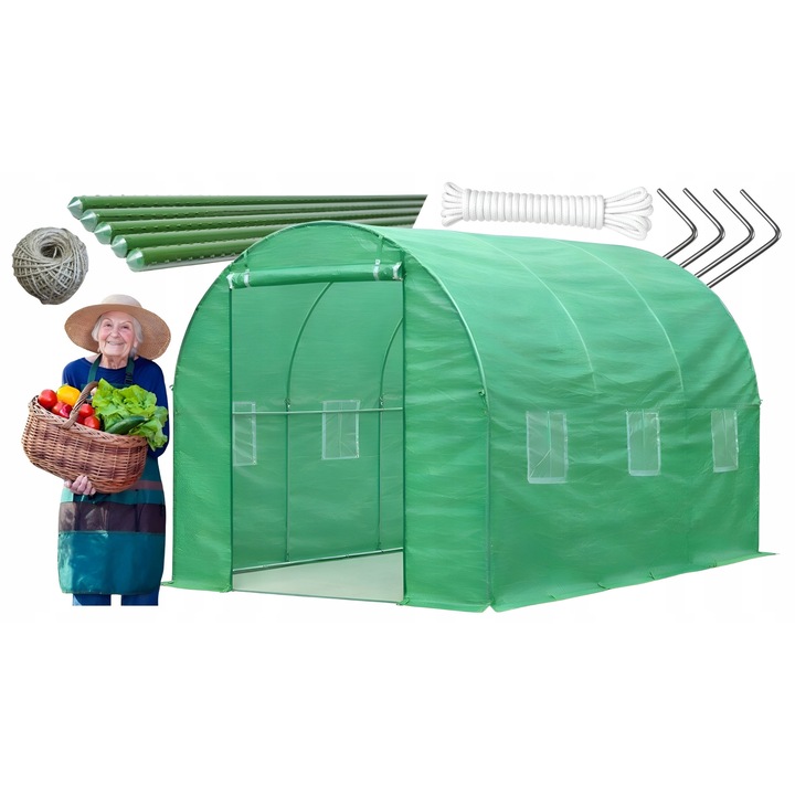 Folie Pentru Tunel, Model TFO19-2X3,5X2-2-Z, Cadru Metalic Galvanizat Premium, Plasa Ranforsata UV-5, 2 Cai De Acces, 6 Ferestre Cu Plasa Tantari, Protectie Vant, Kit Accesorii Inclus Tarusi Si Sfoara, 2x3.5x2m, 7m2, Verde