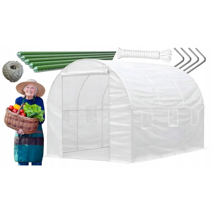 Folie Pentru Tunel, Model TFO25-2X3X2-2-B, Cadru Metalic Galvanizat 25mm, Plasa Ranforsata UV-5, 2 Cai De Acces, 6 Ferestre Cu Plasa Tantari, Protectie Vant, Kit Accesorii Inclus Tarusi Si Sfoara, 2x3x2m, 6m2, Alb