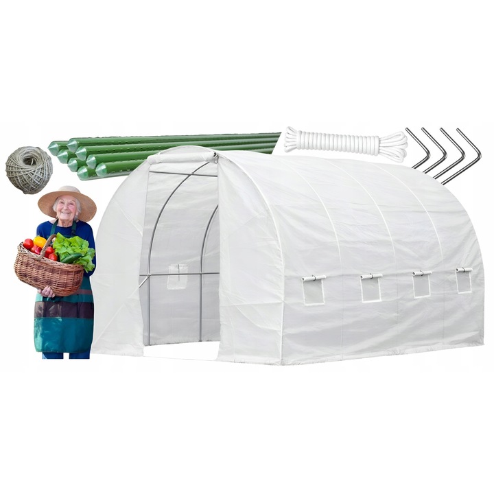 Folie Pentru Tunel, Model TFO19-2,5X4X2-2-B, Cadru Metalic Galvanizat Premium, Plasa Ranforsata UV-5, 2 Cai De Acces, 8 Ferestre Cu Plasa Tantari, Protectie Vant, Kit Accesorii Inclus Tarusi Si Sfoara, 2,5x4x2m, 10m2, Alb