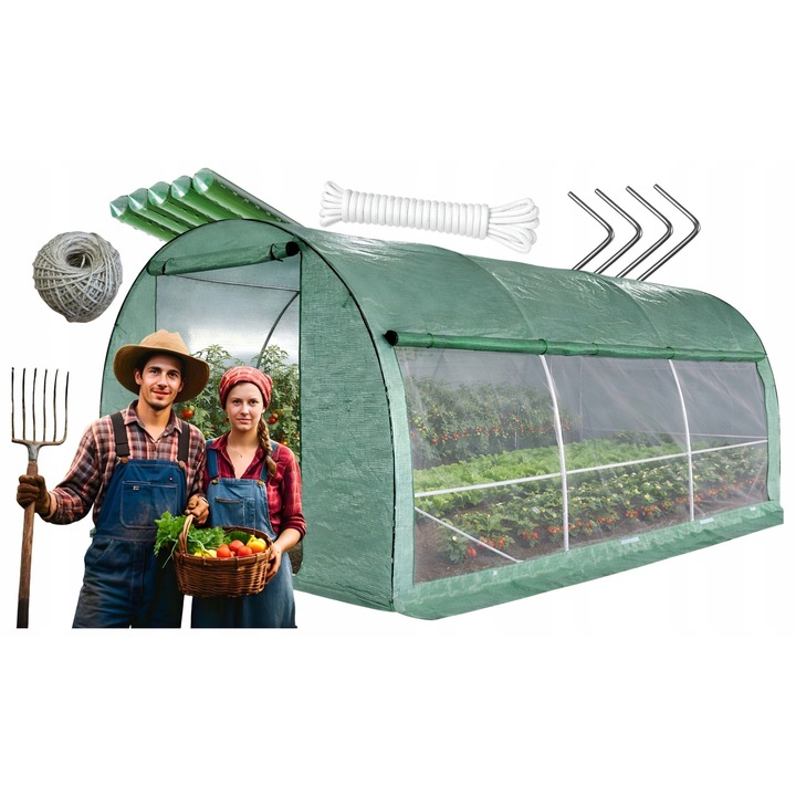 Folie Pentru Tunel, Model TFM25-2X3X2-2-Z, Cadru Metalic Galvanizat 25mm, Moskitiera Laterala Completa, Plasa Ranforsata UV-5, 2 Cai De Acces, Protectie Vant, Kit Accesorii Inclus, 2x3x2m, 6m2, Verde