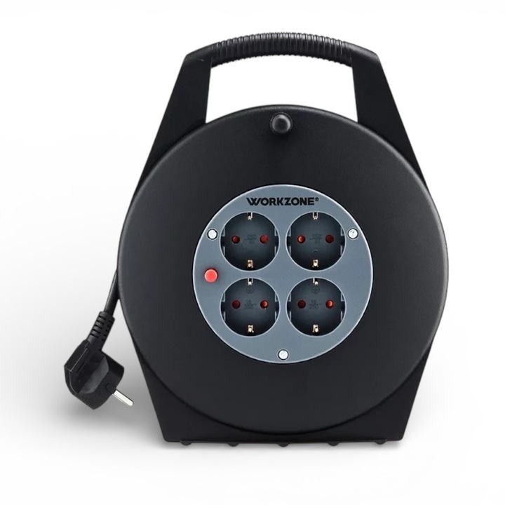 Удължител Workzone с 4 контакта и заземяване, дължина 10 метра, на затворен барабан и дръжка за носене