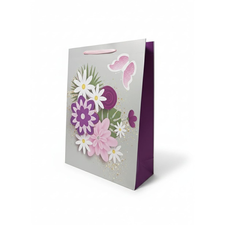 Punga Cadou Medie ELDEPO, 32x26x10 cm, Design Floral 3D cu Fluture si Laterale Mov, Carton Extra Rezistent