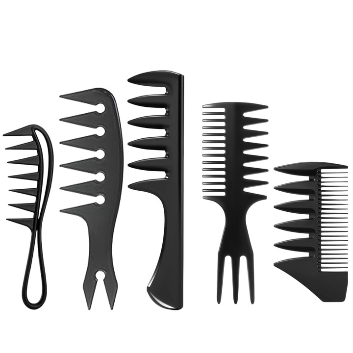 Set 5 Piese Piepteni DUAIU pentru Barbă și Coafură, Dinti Lati și Texturati, Negru