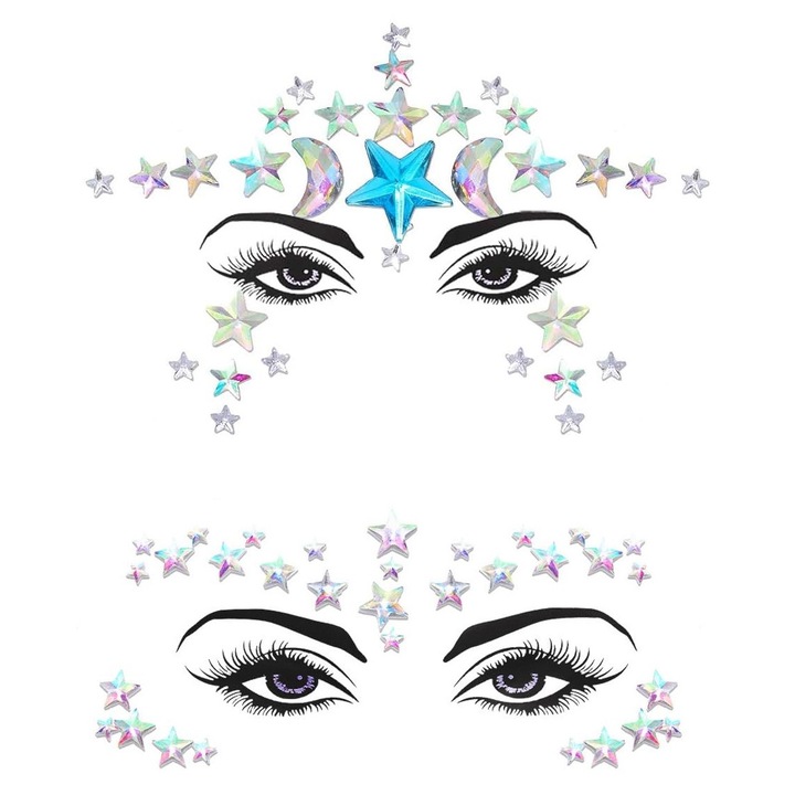 2 db öntapadós strasszkő szett arcra, újrafelhasználható, felnőtteknek és gyerekeknek egyaránt alkalmas, fehér, tükröződésekkel