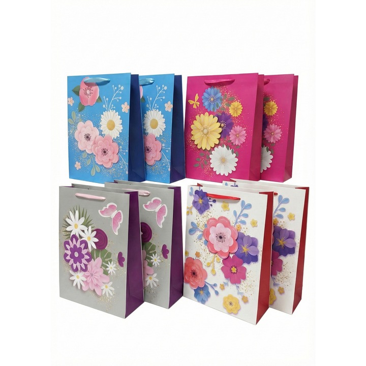 Set 12 Pungi cadou Premium 3D, Marime S, model Floral in relief, 23x18x10 cm, Mix 4 Culori (Albastru, Fucsia, Gri-Mov, Alb-Rosu), ELDEPO